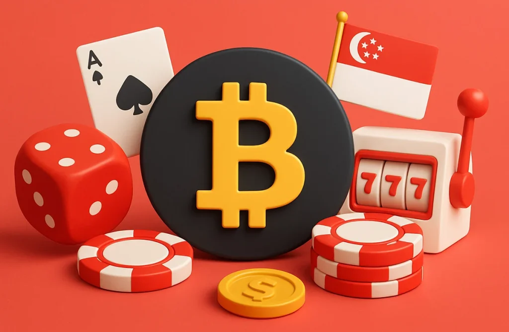 Cryptocurrency and casino gaming illustration with Bitcoin symbol, dice, chips, and slot machine